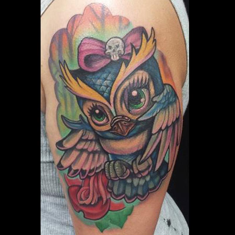 Girly Owl Color Tattoo by Adam Aguas TattooNOW